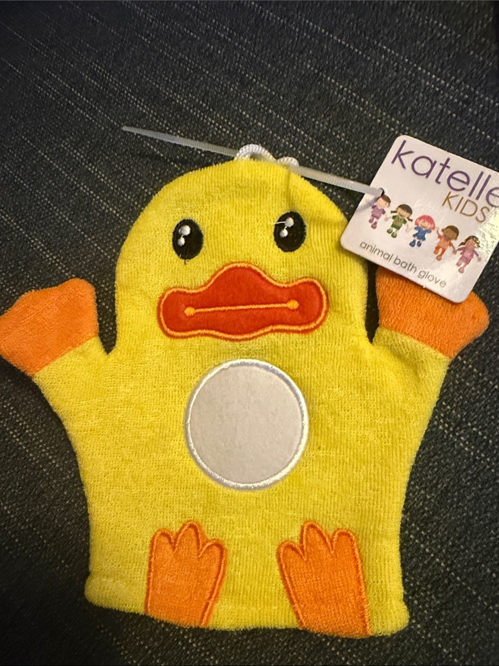 Yellow Duck Bath Glove with Orange Accents
